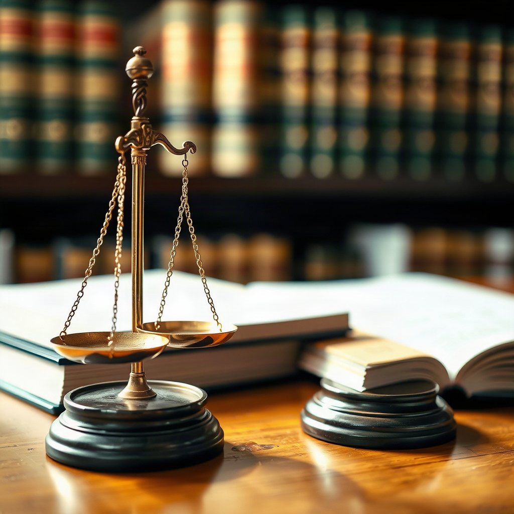 Balança da justiça sobre livros jurídicos
